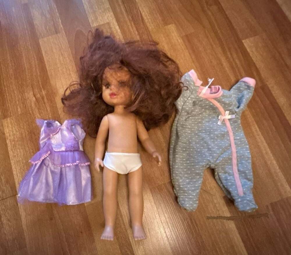 Baby Doll with Purple Dress and Gray Polka Dot Footie Pajamas
